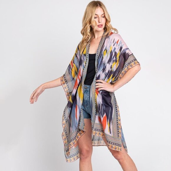 Diona J Sweaters - DIONA J GEOMETRIC TRIM TIE DYE PRINT KIMONO CARDIGAN ONE SIZE COLOR NAVY
